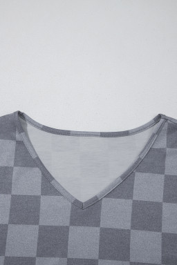 Gray Checkered V Neck Tee and Drawstring Shorts Pajama Set