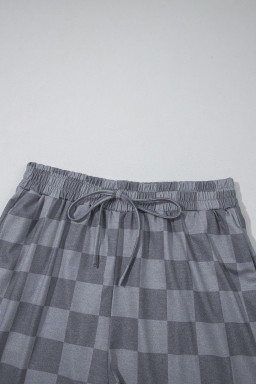 Gray Checkered V Neck Tee and Drawstring Shorts Pajama Set