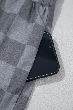 Gray Checkered V Neck Tee and Drawstring Shorts Pajama Set