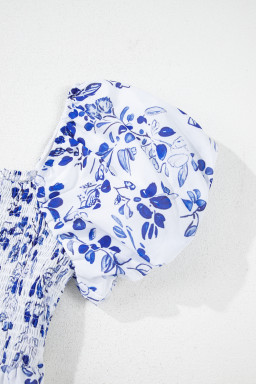 Sky Blue Floral Print Square Neck Bubble Sleeve High Waist Maxi Dress