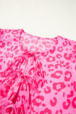 Rose Leopard Puff Sleeve Tie Front High Waist Mini Dress