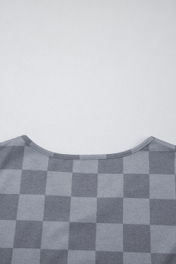 Gray Checkered V Neck Tee and Drawstring Shorts Pajama Set