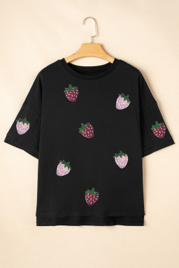 Black Strawberry Sequins Patch Graphic High Low Tee