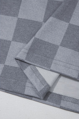 Gray Checkered V Neck Tee and Drawstring Shorts Pajama Set