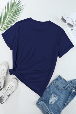 Blue Solid Color Basic Crew Neck Plain Tee