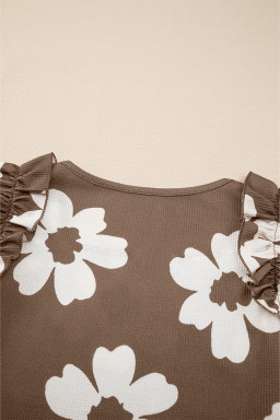 Brown Floral Ruffle Shoulder Square Neck Blouse