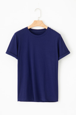 Blue Solid Color Basic Crew Neck Plain Tee