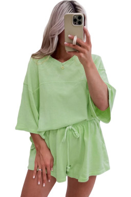 Meadow Mist Green Loose V Neck Tee and Drawstring Shorts Set