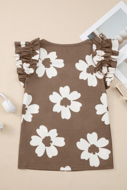 Brown Floral Ruffle Shoulder Square Neck Blouse