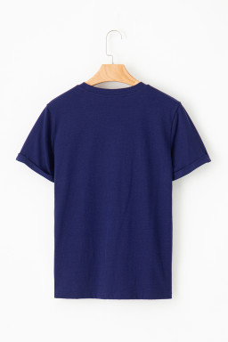 Blue Solid Color Basic Crew Neck Plain Tee