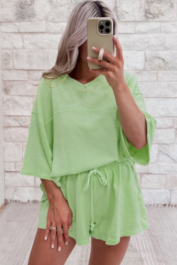 Meadow Mist Green Loose V Neck Tee and Drawstring Shorts Set