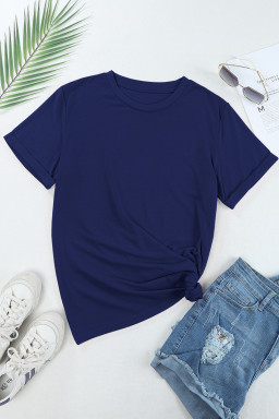 Blue Solid Color Basic Crew Neck Plain Tee