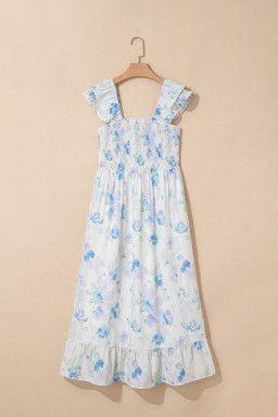 Sky Blue Floral Smocked High Waist Ruffle Sleeveless Long Dress