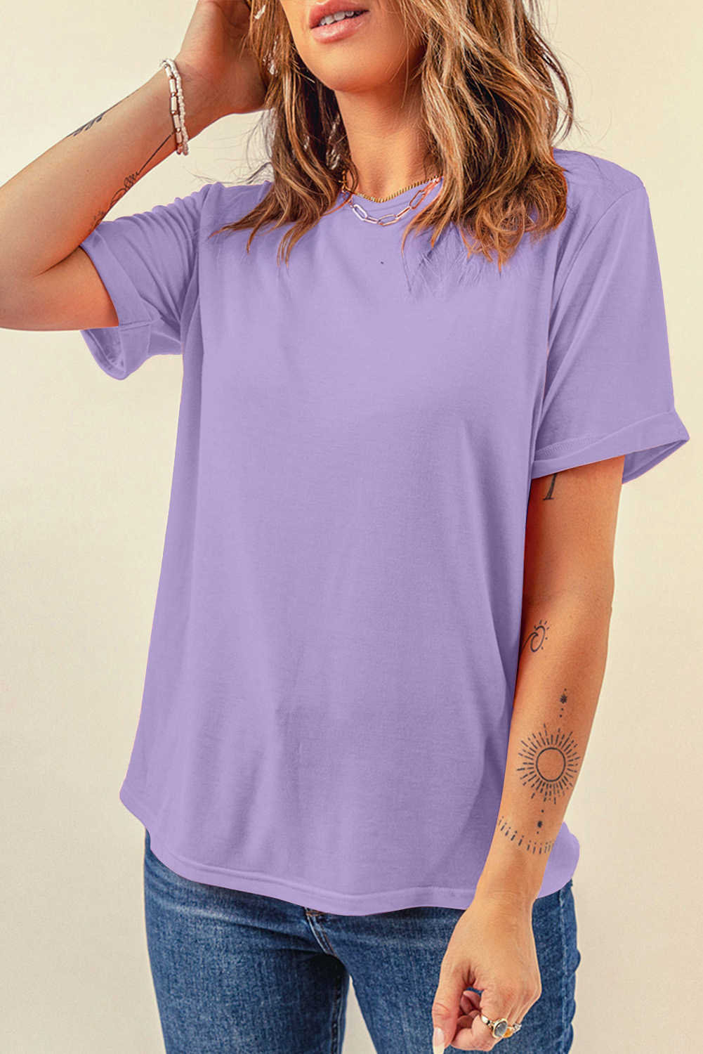Wisteria Solid Color Basic Crew Neck Plain Tee