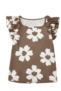 Brown Floral Ruffle Shoulder Square Neck Blouse