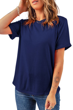 Blue Solid Color Basic Crew Neck Plain Tee