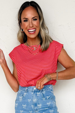 Red Stripe Ribbed Cap Sleeve Round Neck T Shirt