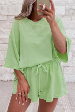Meadow Mist Green Loose V Neck Tee and Drawstring Shorts Set