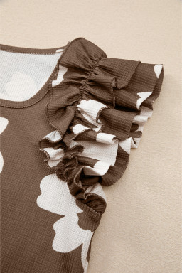 Brown Floral Ruffle Shoulder Square Neck Blouse