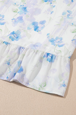 Sky Blue Floral Smocked High Waist Ruffle Sleeveless Long Dress
