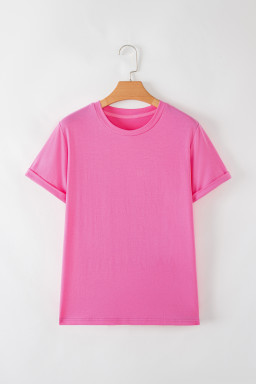 Sachet Pink Solid Color Basic Crew Neck Plain Tee