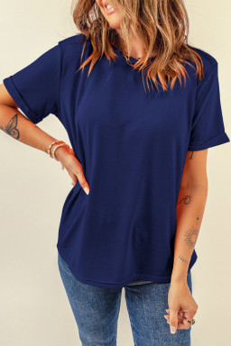 Blue Solid Color Basic Crew Neck Plain Tee