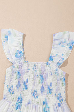 Sky Blue Floral Smocked High Waist Ruffle Sleeveless Long Dress