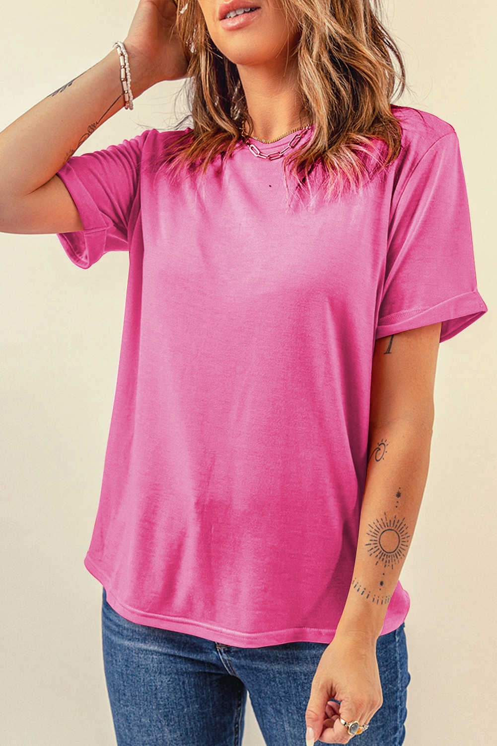 Sachet Pink Solid Color Basic Crew Neck Plain Tee
