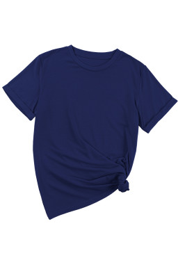 Blue Solid Color Basic Crew Neck Plain Tee