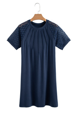 Navy Blue Contrast Lace Raglan Sleeve Pleated Mini Dress