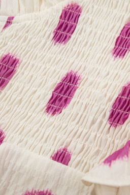 Rose Polka Dot Print Shirred Notched Neck Puff Sleeve Blouse