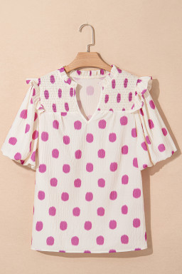 Rose Polka Dot Print Shirred Notched Neck Puff Sleeve Blouse