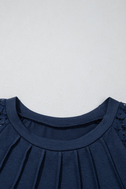 Navy Blue Contrast Lace Raglan Sleeve Pleated Mini Dress