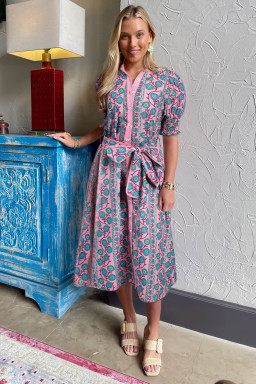 Pink Boho Floral Shirred Short Sleeve Belted Dress