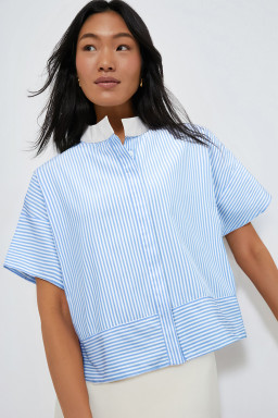Sky Blue Striped Contrast Neckline Buttoned Shirt