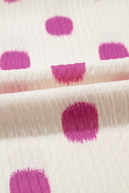 Rose Polka Dot Print Shirred Notched Neck Puff Sleeve Blouse