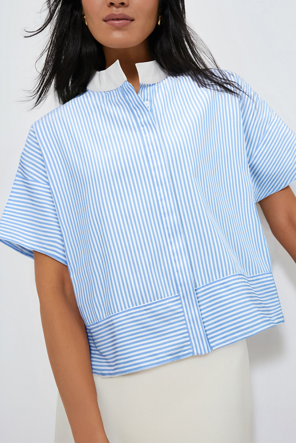 Sky Blue Striped Contrast Neckline Buttoned Shirt