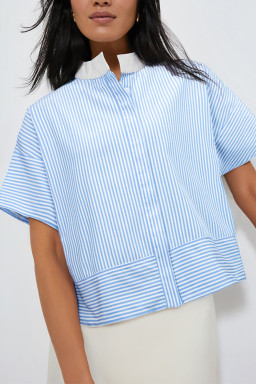 Sky Blue Striped Contrast Neckline Buttoned Shirt