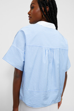 Sky Blue Striped Contrast Neckline Buttoned Shirt