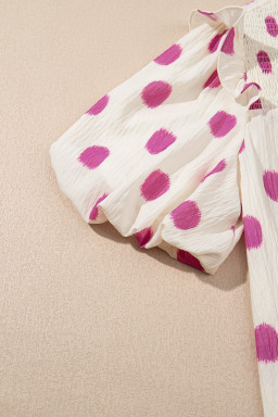 Rose Polka Dot Print Shirred Notched Neck Puff Sleeve Blouse