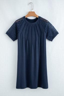 Navy Blue Contrast Lace Raglan Sleeve Pleated Mini Dress