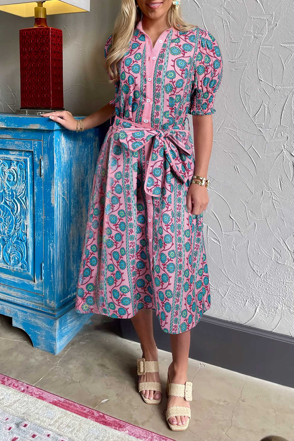 Pink Boho Floral Shirred Short Sleeve Belted Dress