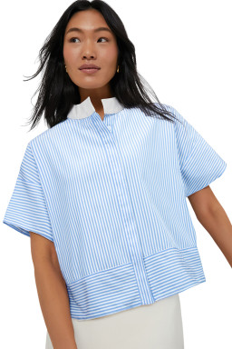 Sky Blue Striped Contrast Neckline Buttoned Shirt