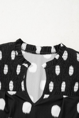 Black Polka Dot Print Smocked Notched Neck Balloon Sleeve Blouse