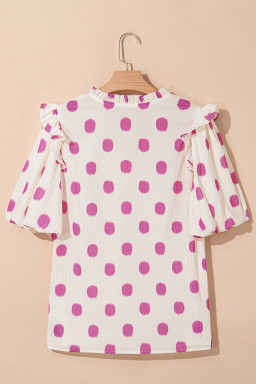 Rose Polka Dot Print Shirred Notched Neck Puff Sleeve Blouse