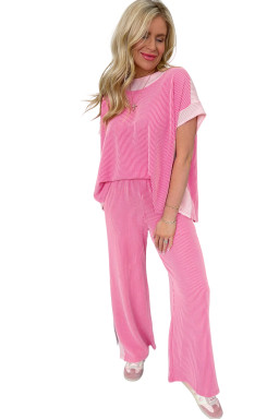 Sachet Pink Colorblock Patchwork Corded Pants Set