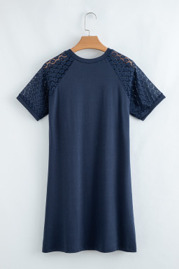 Navy Blue Contrast Lace Raglan Sleeve Pleated Mini Dress