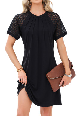 Black Contrast Lace Raglan Sleeve Pleated Detail Shift Dress