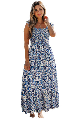 Sky Blue Boho Print Smocked High Waist Maxi Dress
