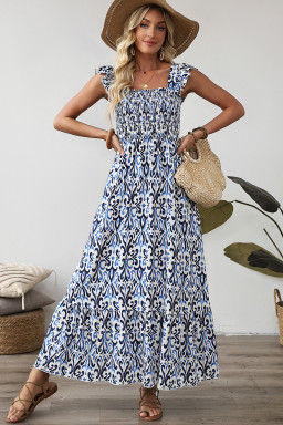 Sky Blue Boho Print Smocked High Waist Maxi Dress